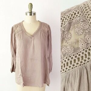 Ecru Gauzy Peasant Blouse Sheer Crochet‎ Shoulders Long Sleeve Fall Casual